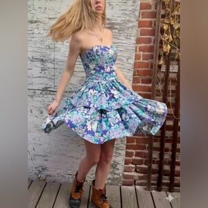 Laura Ashley Vintage Floral Tiered Ruffle Strapless Dress 1980s Blue Deadstock